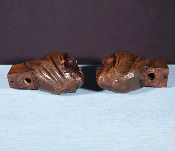 Pair of 4" Tall French Antique Highly Carved Heads in Solid Oak Wood Trim Pieces