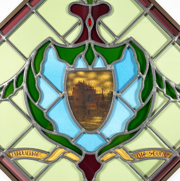 31" Tall Vintage Belgian/Flanders Stained/Leaded Glass Panel of Bruges Belgium