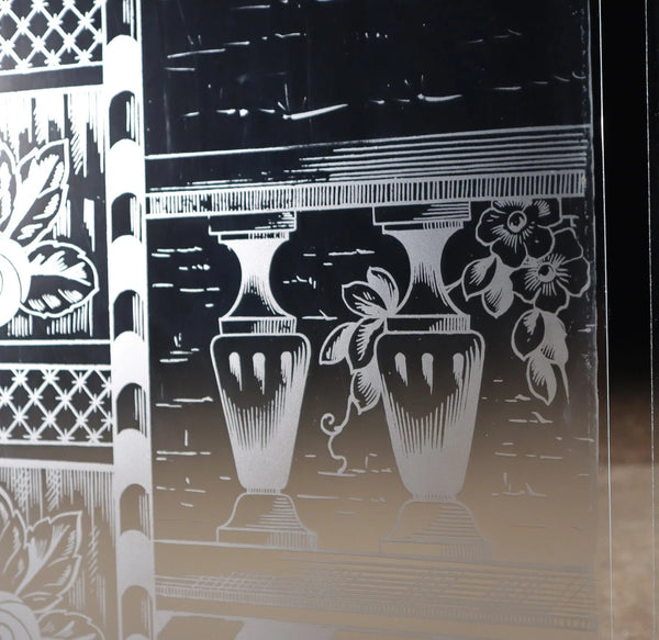 48" Tall Pair of Antique French Etched Glass Windows Frosted Glass with Birds