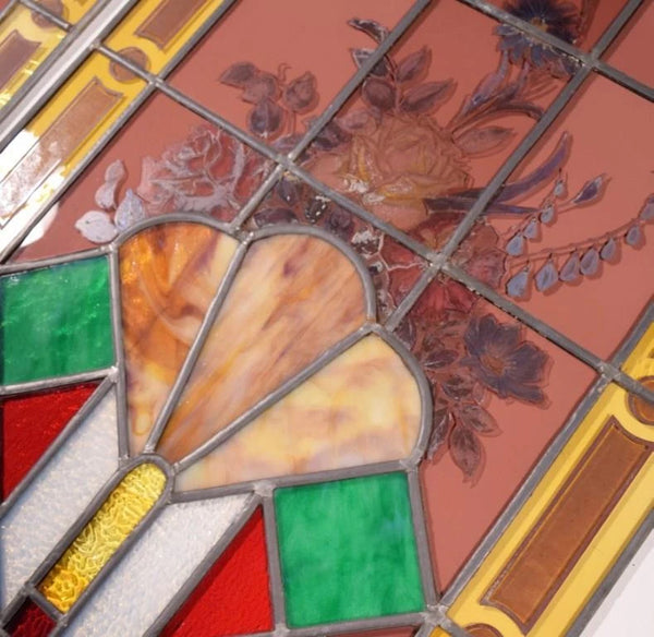 69" Pair of Vintage French Art Deco Stained Glass Windows w/Hand Painted Flowers