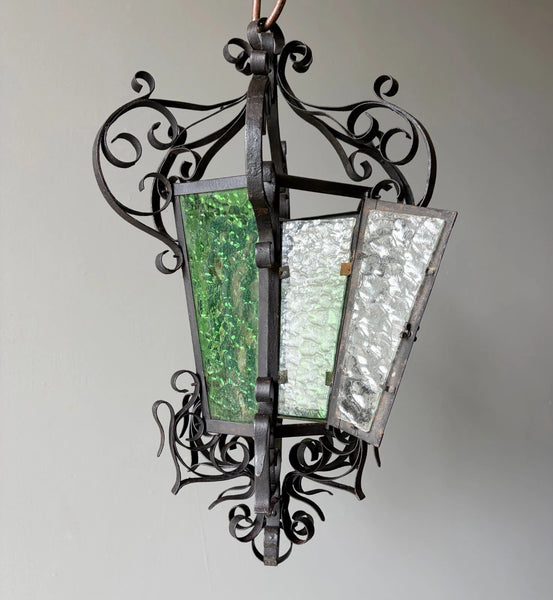 25" Tall French Antique Iron and Stained Glass Hanging Chandelier/Pendant Lamp