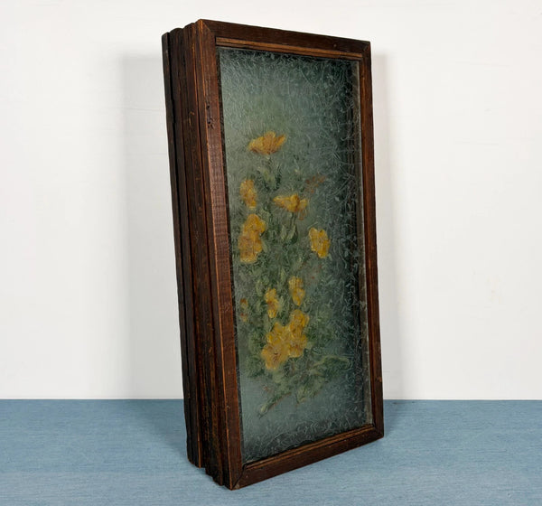 21" Tall Antique French Hand Painted Folding Glass Screen with Flowers