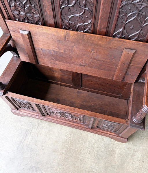 72" Tall Antique French Gothic Revival Oak Wood Bench/Settee/Chair Highly Carved