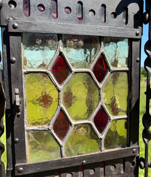 27" French Antique Gothic Iron & Stained Glass Hanging Chandelier/Pendant Lamp
