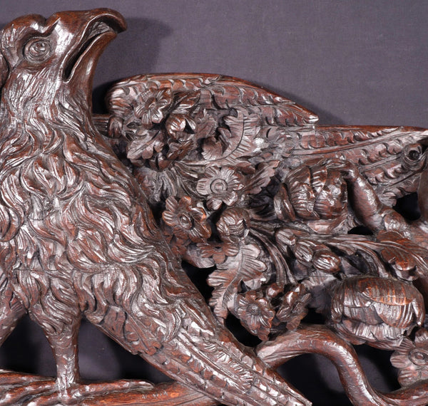 62" Wide XL Antique French Solid Oak Wood Highly Carved Crest with Bird