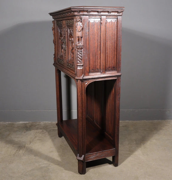 Antique French Gothic Revival Cabinet Highly Carved in Oak Wood w/Figures