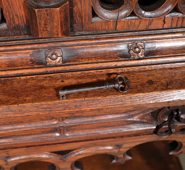 70" Tall Antique French Gothic Revival Oak Wood Cabinet/Liquor/Wine/Bar Cabinet