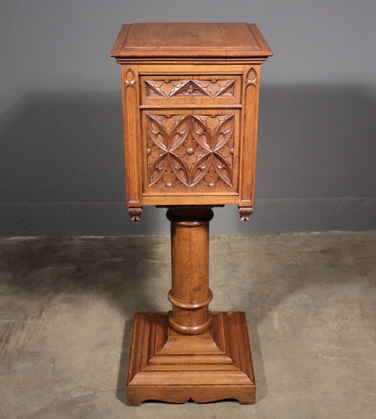 Vintage French Gothic Revival Stand, Cabinet, End Table Highly Carved Oak Wood