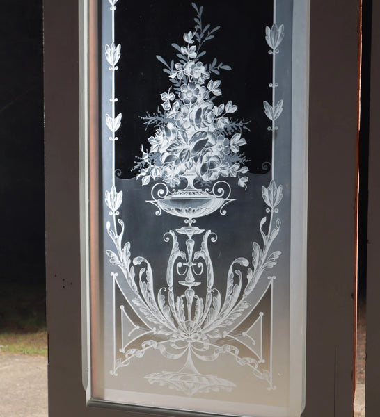 87" Tall Pair of Antique French Etched Glass Windows Frosted Glass with Flowers