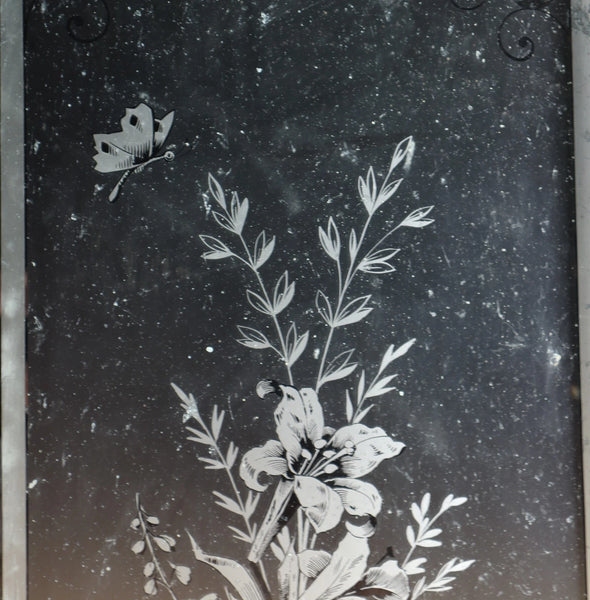 88" Tall Pair of Antique French Etched Glass Windows Frosted Glass with Flowers