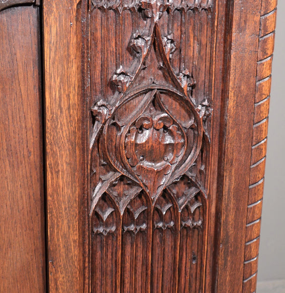 63" Tall Antique French Gothic Revival Cabinet Highly Carved in Solid Oak Wood