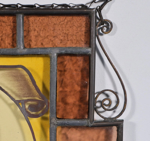 13" Tall Antique French Stained/Leaded Glass Panel w/ Portrait Rembert Dodoens