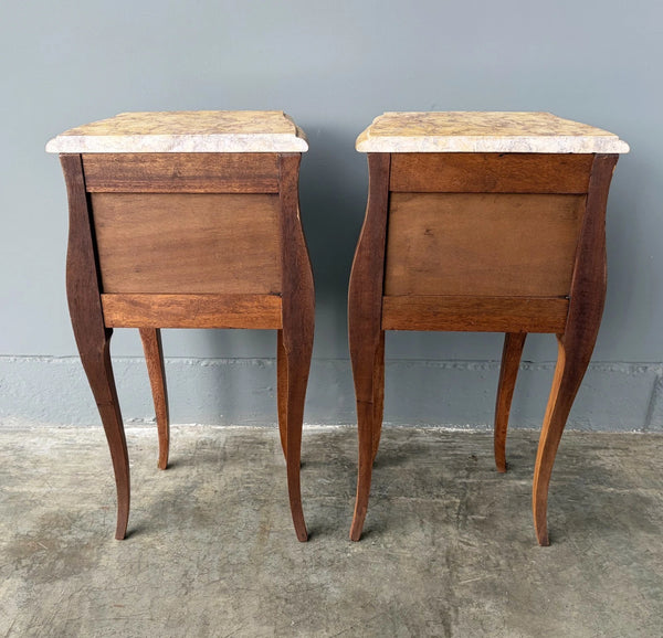 Pair of 30" Tall Antique French Louis XV Inlayed Nightstands with Marble Tops