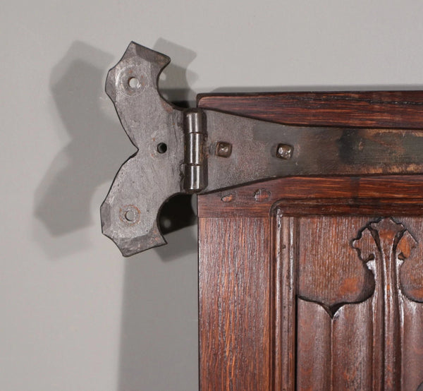 Pair of French Antique Neo Gothic Cabinet Doors in Oak Wood Linen Fold Carvings