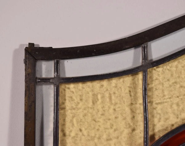 Brass Framed Antique French Stained Glass Panel with Mountain Pass Scene