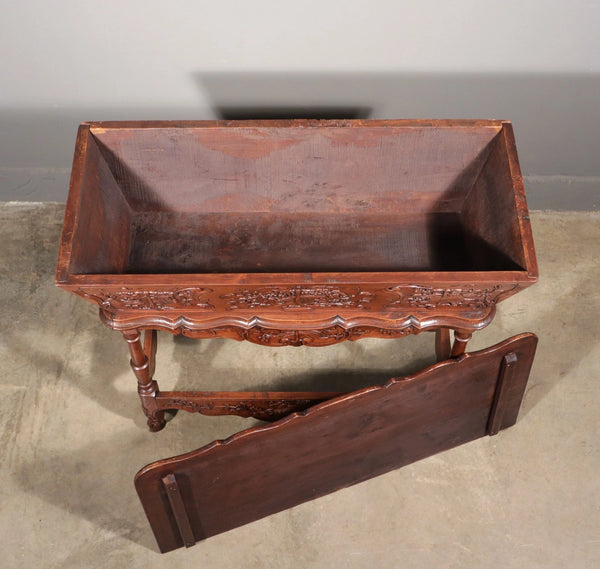 Antique French Petrin (Dough Box) in Highly Carved Solid Walnut and Pine Wood
