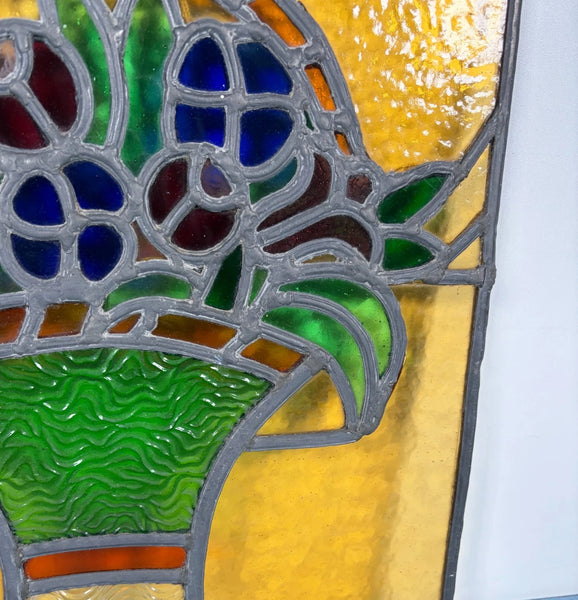 15" Tall Antique French Art Deco Stained/Leaded Glass Panel of Flowers