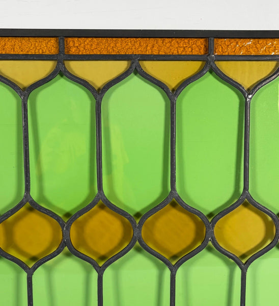 45" Wide French Antique Stained Glass Window Panel with Green & Yellow Glass