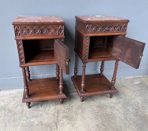 Pair of 34" Tall Antique French Breton Nightstands with Marble Tops in Chestnut