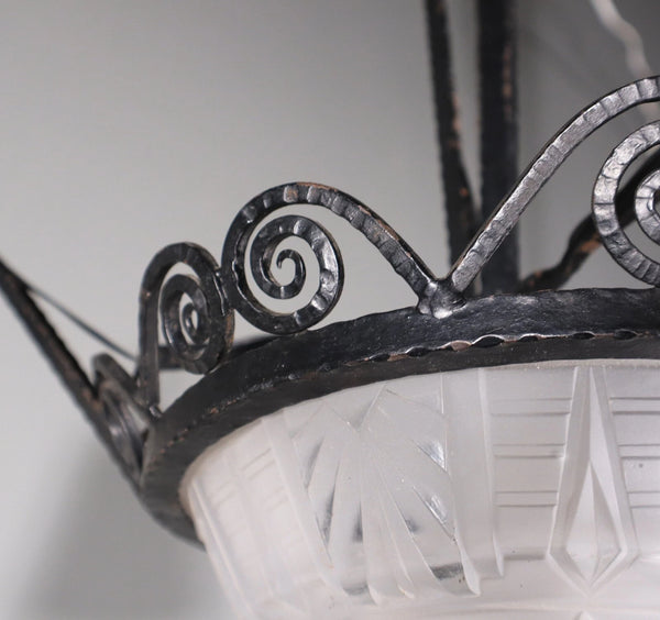 Antique French Art Deco Chandelier with Frosted Glass and Iron by Muller Freres