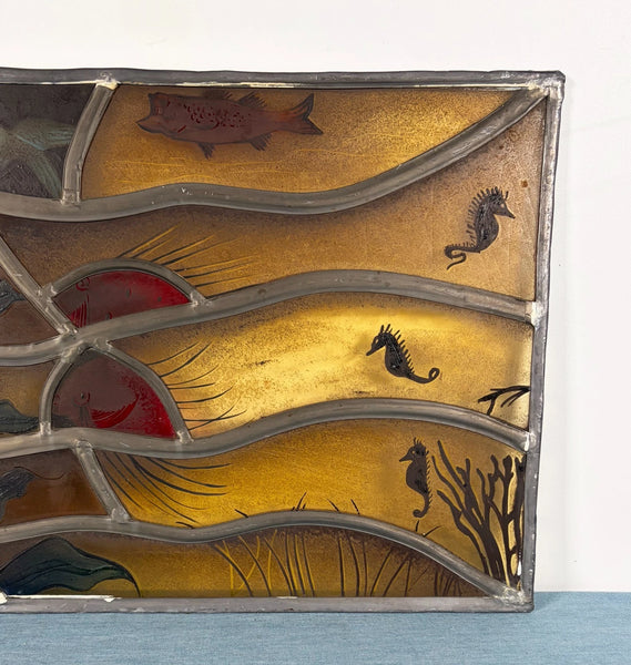 Vintage Dutch Stained/Leaded Glass Panel by Lea Steppe Sea Life Themed