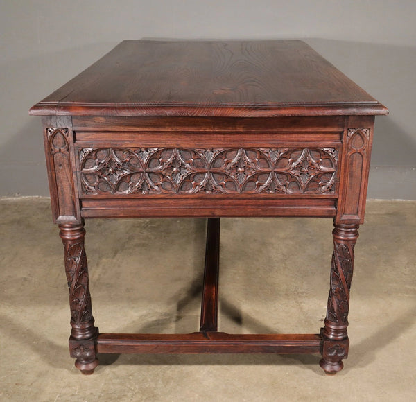 French Antique Gothic Revival Desk with Chair in Solid Carved Chestnut Wood
