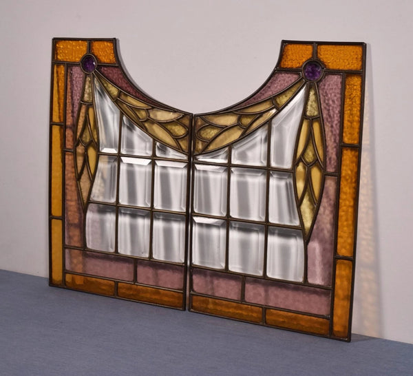 Pair of Vintage French Art Deco Stained Glass Panels with Copper Frames