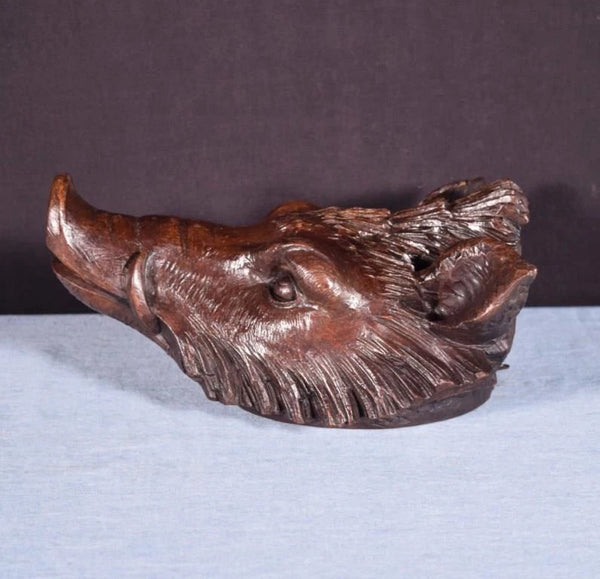 Large 10" Antique Decorative Carved French Hunting Boar's Head in Solid Walnut