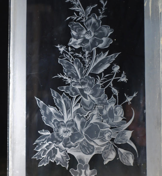 56" Tall Pair of Antique French Etched Glass Windows Frosted Glass with Flowers