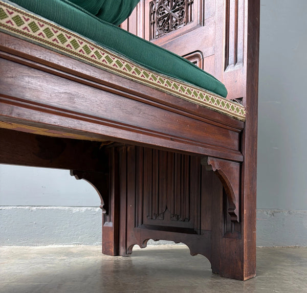 74" Long French Antique Neo Gothic Day Bed Solid Walnut with Green Silk Cushions