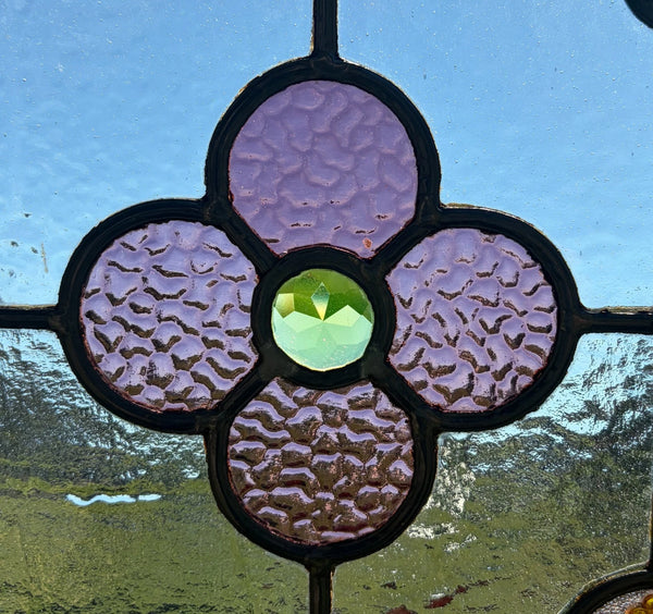 38" Tall Antique French Stained/Leaded Glass Panel w/Griffin and Uranium Glass