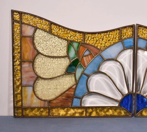 Pair of Vintage French Art Deco Stained Glass Panels with Copper Frames