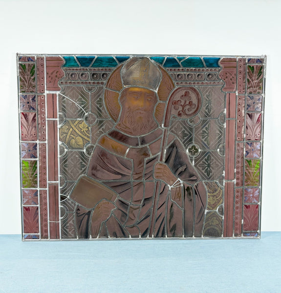 38" Wide Antique Stained/Leaded Glass Panel of Saint Highly Detailed
