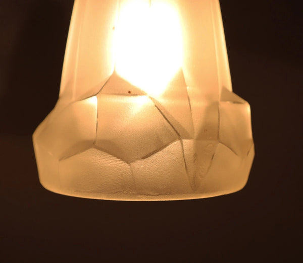 Antique French Art Deco Chandelier with Frosted Glass and Iron Signed by Degué