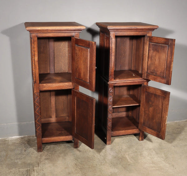 50" Tall Pair of Vintage French Solid Oak Wood Highly Carved Gothic Cabinets