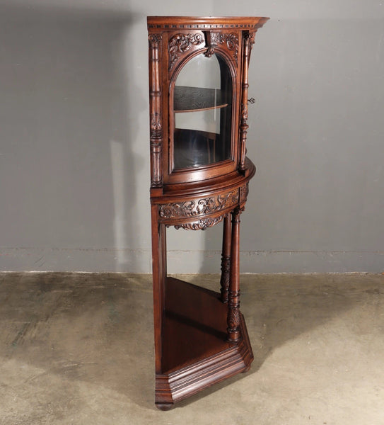 65" Tall Antique French Solid Oak Wood Renaissance Curved Display Case/Cabinet