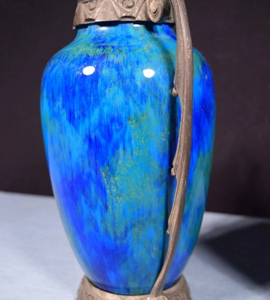 Vintage Art Deco Paul Milet Sèvres Vases/Urns Blue Drip Glaze w/Bronze Ormolu