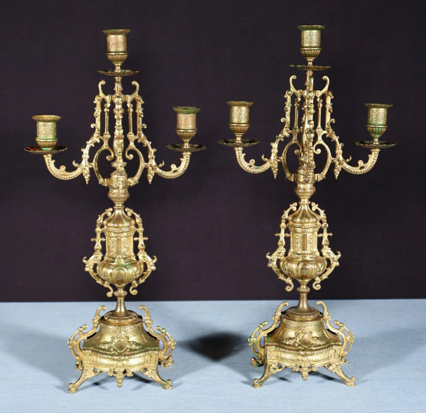 19" Tall Pair of Antique French Gilded Bronze Candelabra Candlesticks