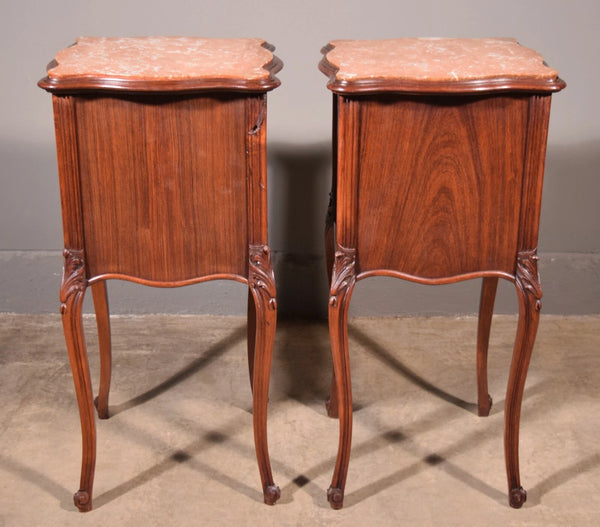 Pair of Antique French Louis XV Nightstands in Walnut with Marble Tops