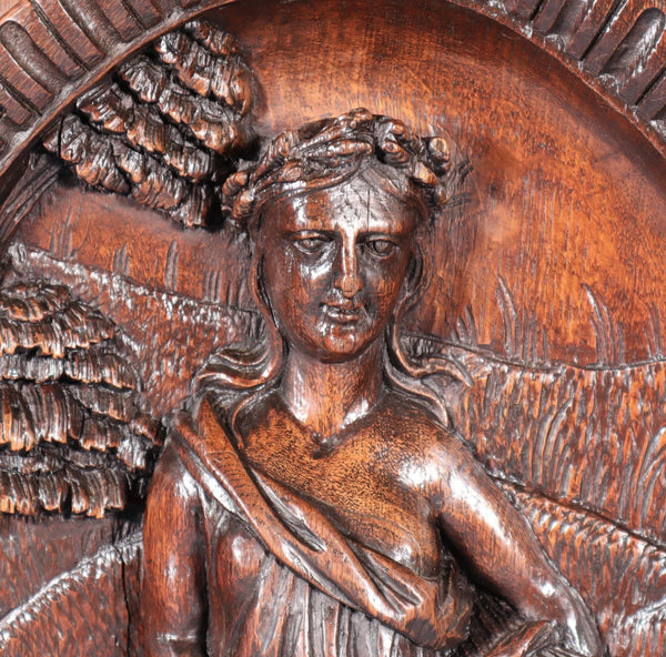 24" Tall Antique French Solid Oak Panel Highly Carved Harvest Theme w/Woman