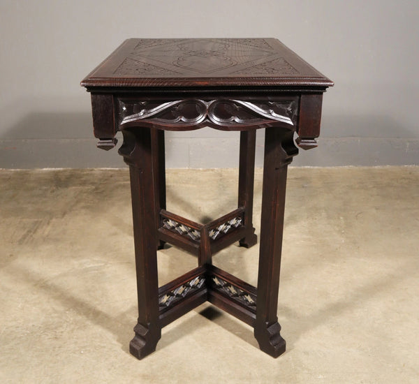 Antique French Gothic Revival Table in Solid Chestnut Wood With Carvings