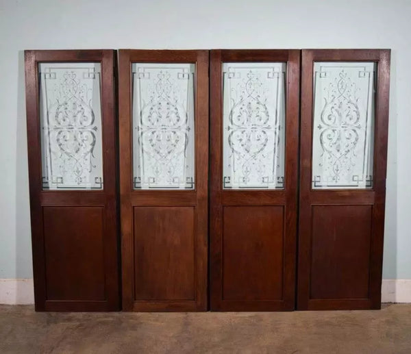 Set of 4 Antique French Etched Glass Doors Frosted Glass with Pattern