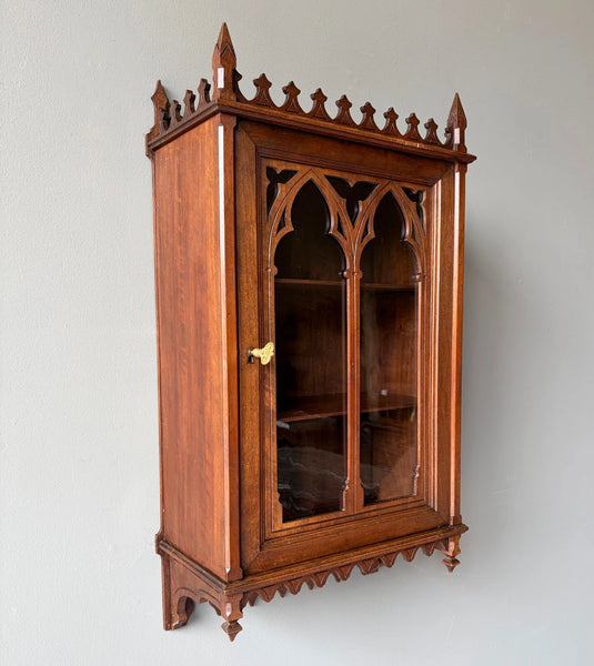 French Antique Gothic Revival Solid Oak and Walnut Wood Bar or Wall Cabinet