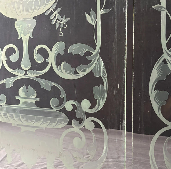 47" Tall Pair of Antique French Etched Beveled Glass Windows Frosted Glass
