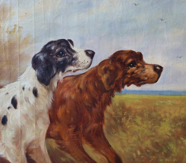 28" Wide Antique Oil Painting of Two Hunting Dogs By Paul Schouten (1860-1922)