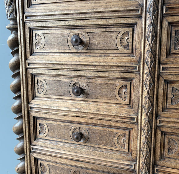 77" Tall Antique French Apothecary Cabinet Solid Oak Carved with Compartments