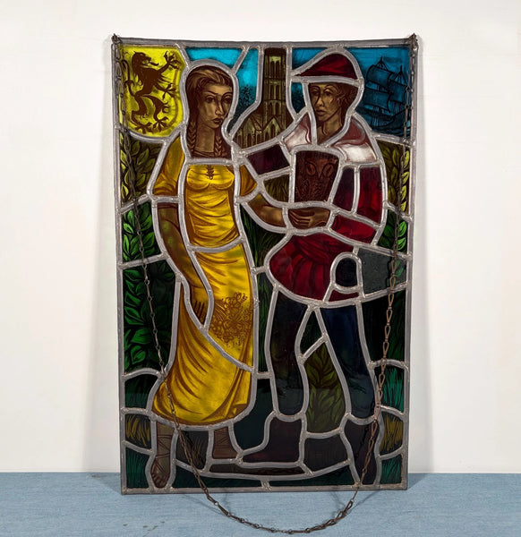 20" Tall Vintage Belgian/Flanders Stained/Leaded Glass Panel of Thyl and Nele