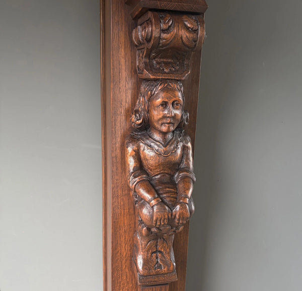 82" Large Vintage Renaissance Revival Oak Fireplace Surround/Mantel w/Figures
