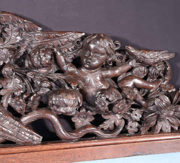 62" Wide XL Antique French Solid Oak Wood Highly Carved Crest with Bird