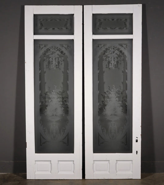 87" Tall Pair of Antique French Etched Glass Windows Frosted Glass with Flowers